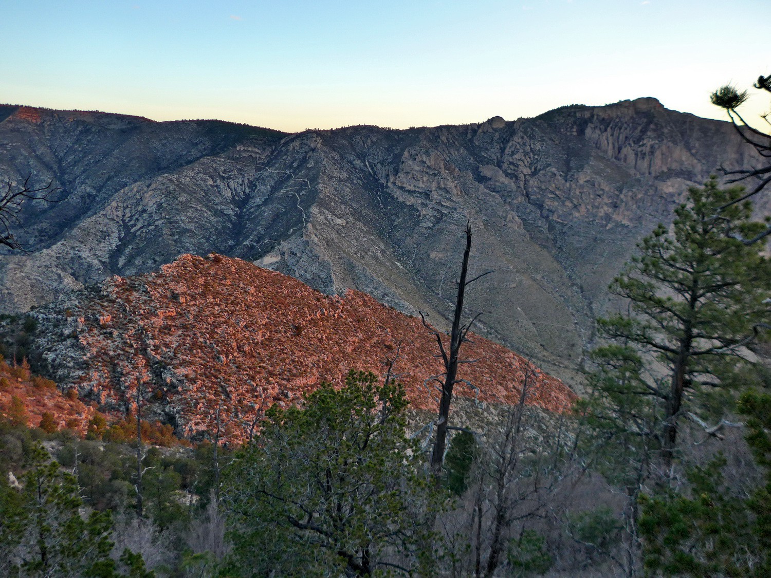 Hunter Peak at sunrise seen from the ascent to Guadalupe Peak